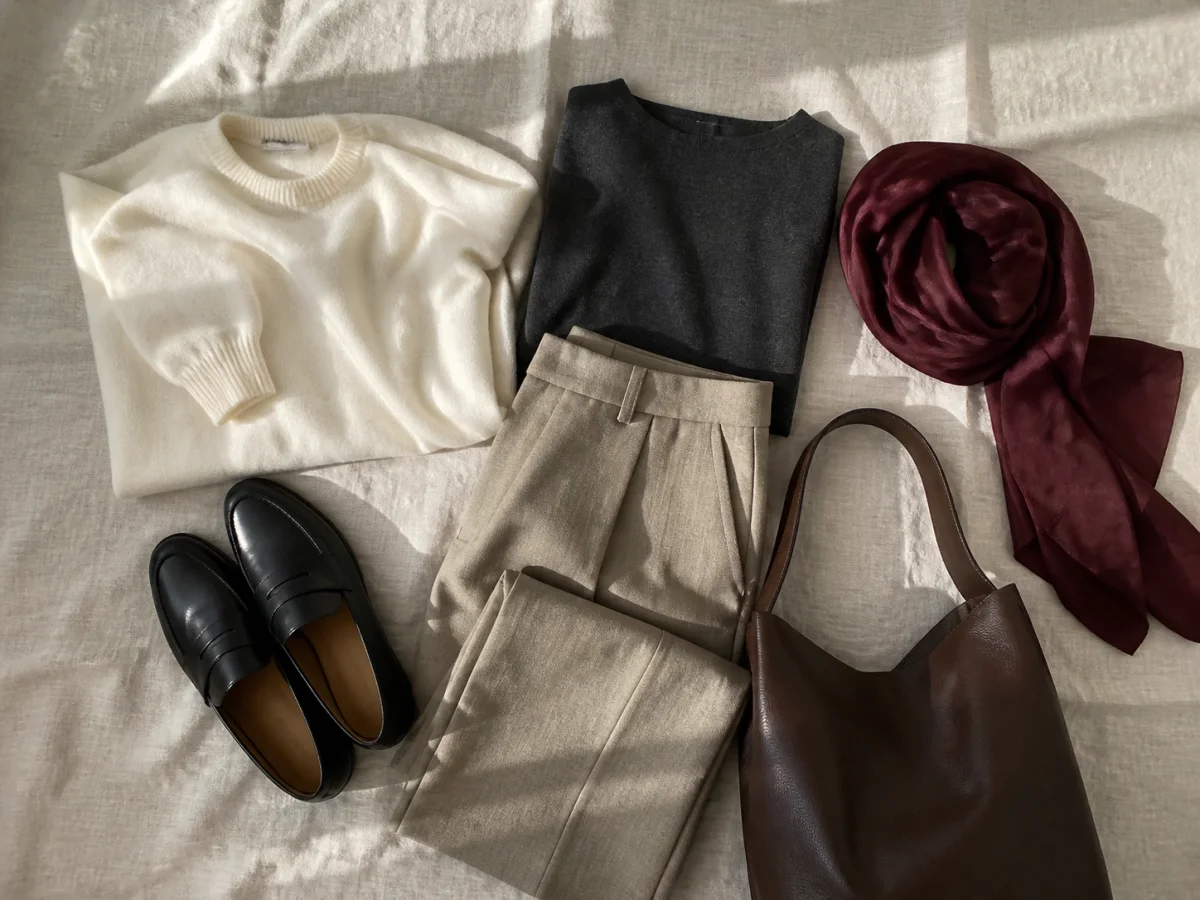 Раскладка нейтральной базы минималиста с одним бордовым шёлковым платком