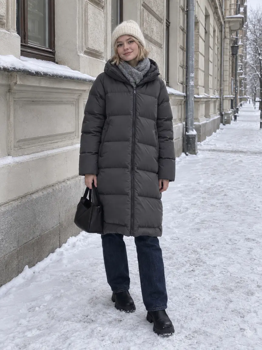 Женщина в графитовом пуховике ниже колена, прямых джинсах и ботинках у заснеженного дома