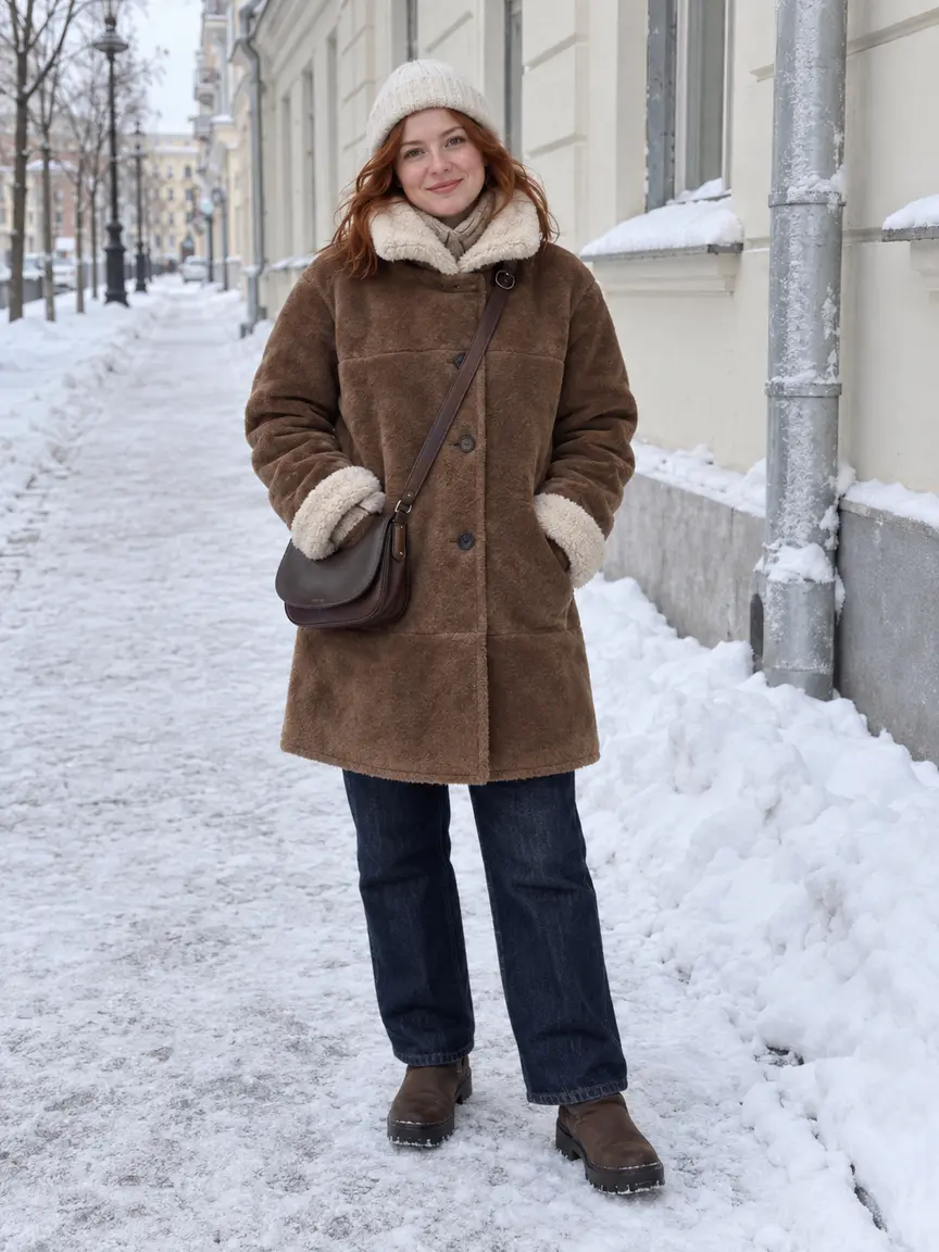Женщина в коричневой дублёнке со светлой овчиной, тёмных джинсах и ботинках на снегу