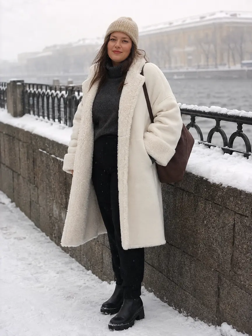 Женщина plus-size в объёмной дублёнке oversize молочного цвета, узких брюках и ботинках