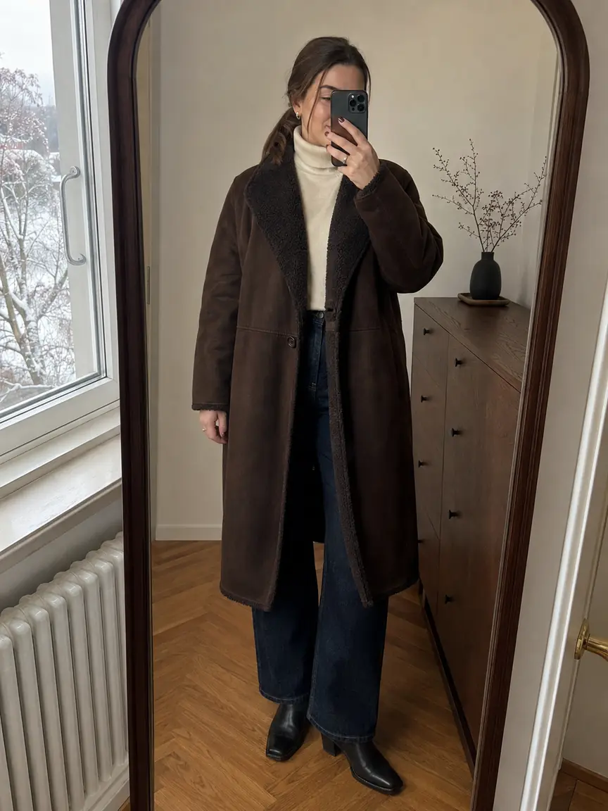 Зеркальное селфи женщины plus-size в прямой дублёнке ниже колена без пояса