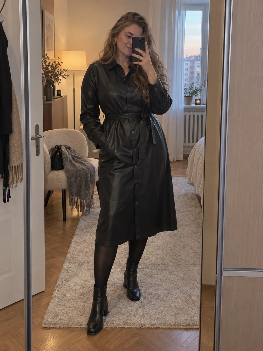 Девушка plus-size в чёрном кожаном платье-рубашке с поясом делает селфи у зеркала