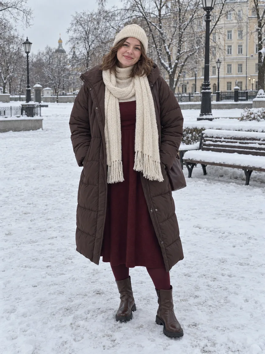 Девушка plus-size в бордовом сарафане, кремовой водолазке, стёганом пальто и сапогах зимой