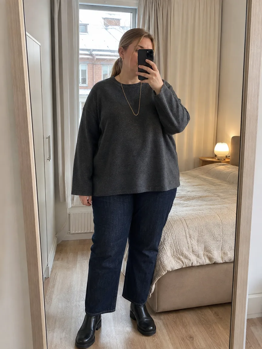 Зеркальное селфи женщины plus-size в прямом графитовом свитере без резинки и прямых джинсах