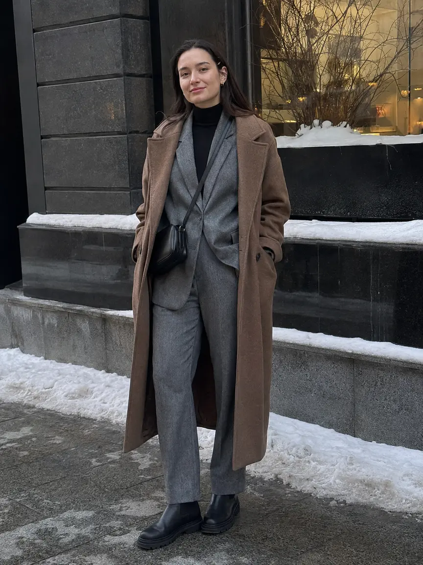 Женщина в сером брючном костюме, чёрных челси и длинном пальто на зимней улице