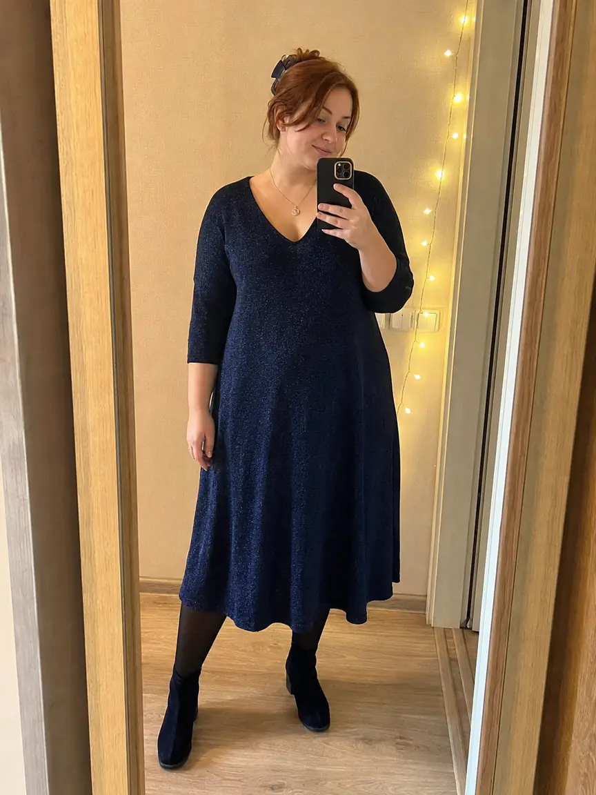 Зеркальное селфи: женщина plus-size в тёмно-синем платье-трапеции с V-вырезом в прихожей