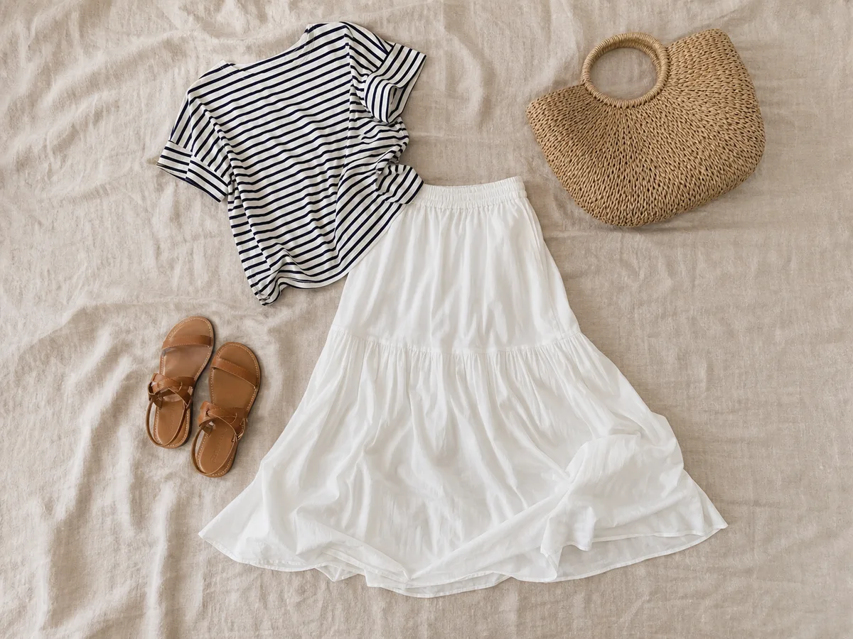 Раскладка: белая макси-юбка, полосатый топ, плоские сандалии и плетёная сумка