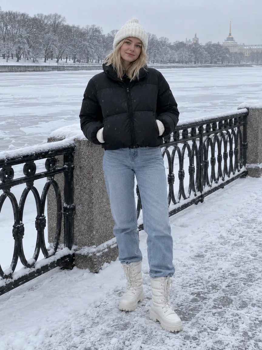 Девушка в коротком чёрном пуховике, прямых джинсах и белых дутиках на заснеженной набережной