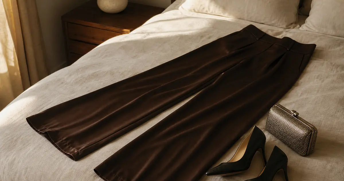 Атласные широкие брюки, лодочки на каблуке и вечерняя сумка на кровати