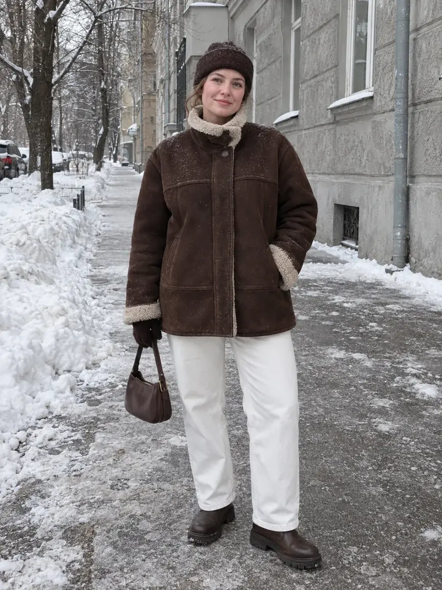 Женщина в шоколадной дублёнке, белых джинсах и тёмных ботинках стоит на расчищенном тротуаре