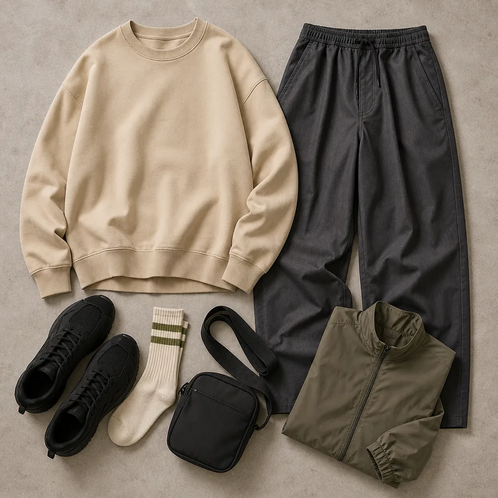 Clean streetwear в раскладке: бежевый оверсайз-свитшот, тёмно-серые широкие брюки, чёрные кроссовки, оливковая ветровка, носки и кроссбоди