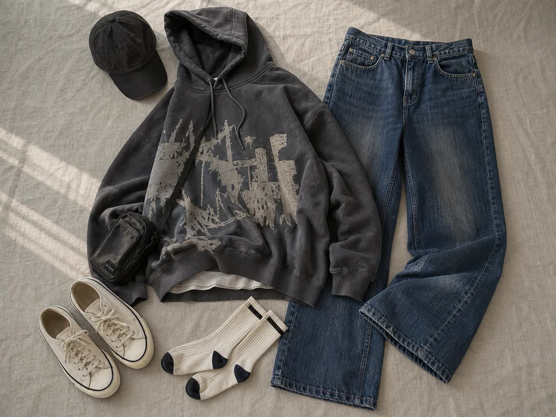 Раскладка скейтерского streetwear-образа: широкие джинсы, графичное худи, кеды и кепка