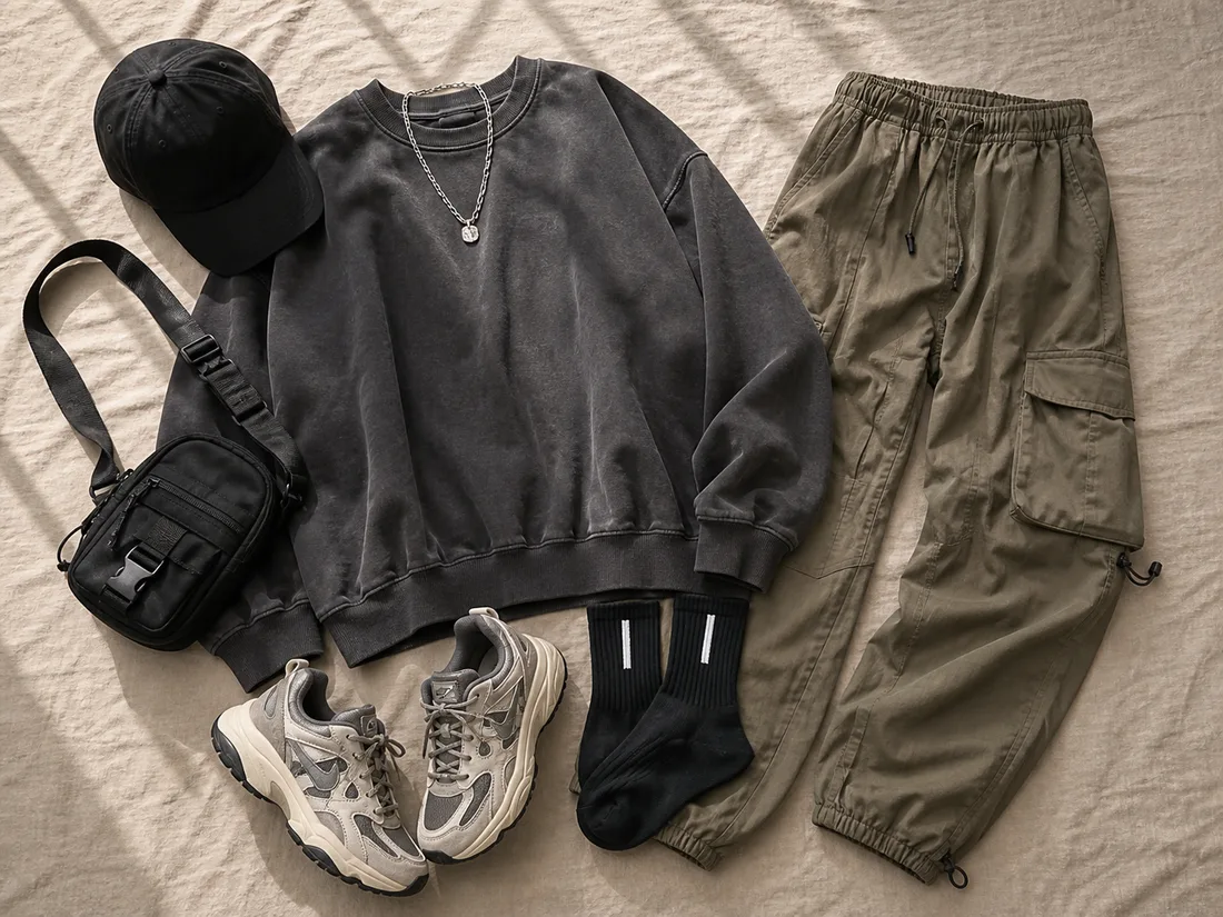 Раскладка hypebeast-образа: объёмная толстовка, карго-брюки, массивные кроссовки и кепка