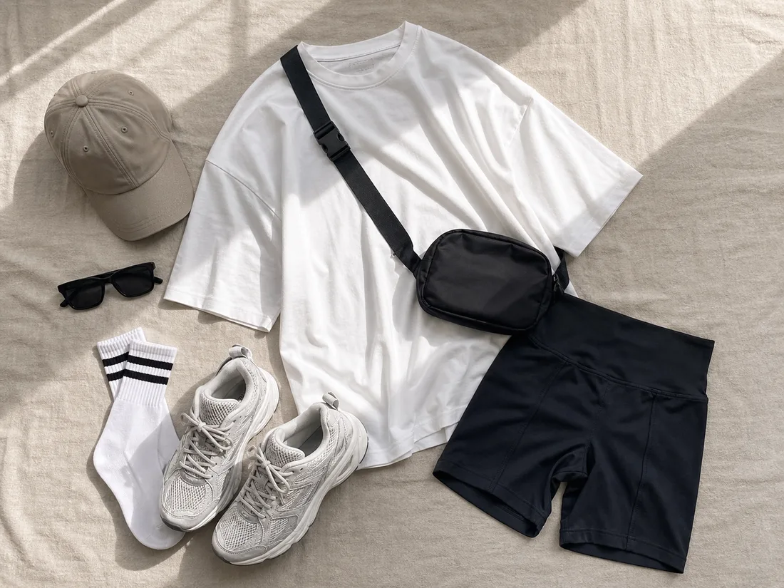 Раскладка athleisure-образа: велосипедки, оверсайз-футболка, кроссовки и кросс-боди