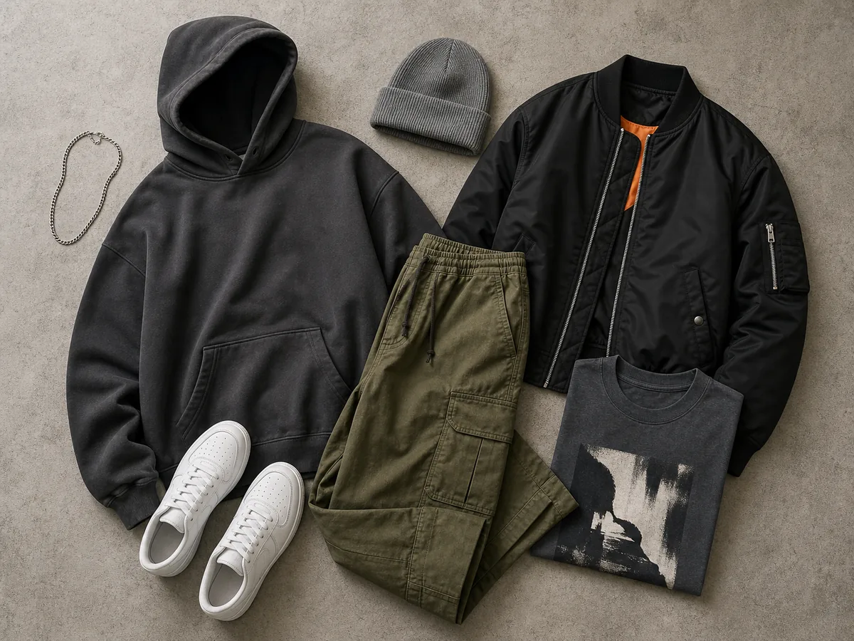 Streetwear стиль в раскладке: оверсайз-худи, оливковые карго, белые кроссовки, чёрный бомбер и бини