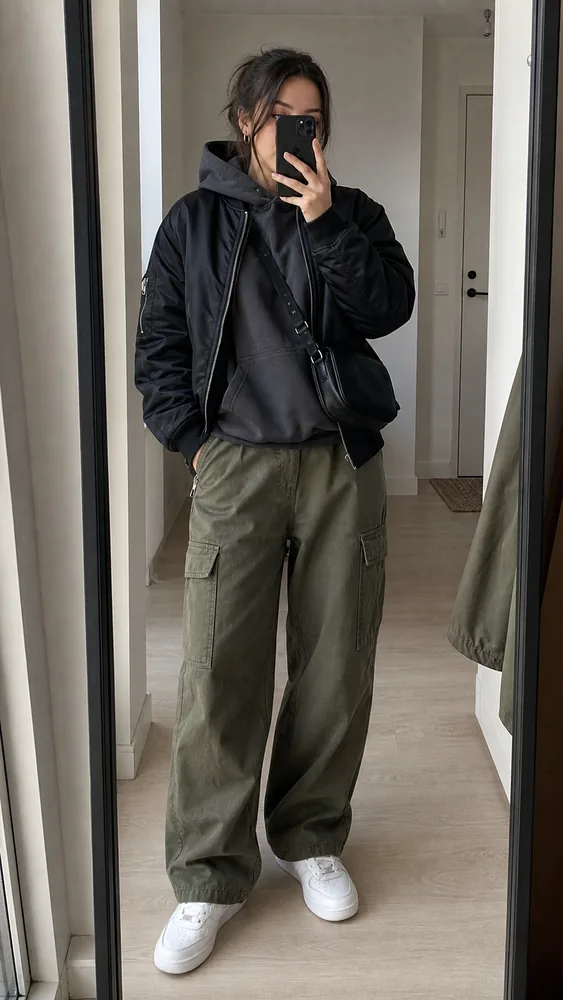 Зеркальное селфи: женщина в clean streetwear — оверсайз-худи, оливковые карго, белые кроссовки, чёрный бомбер и кроссбоди