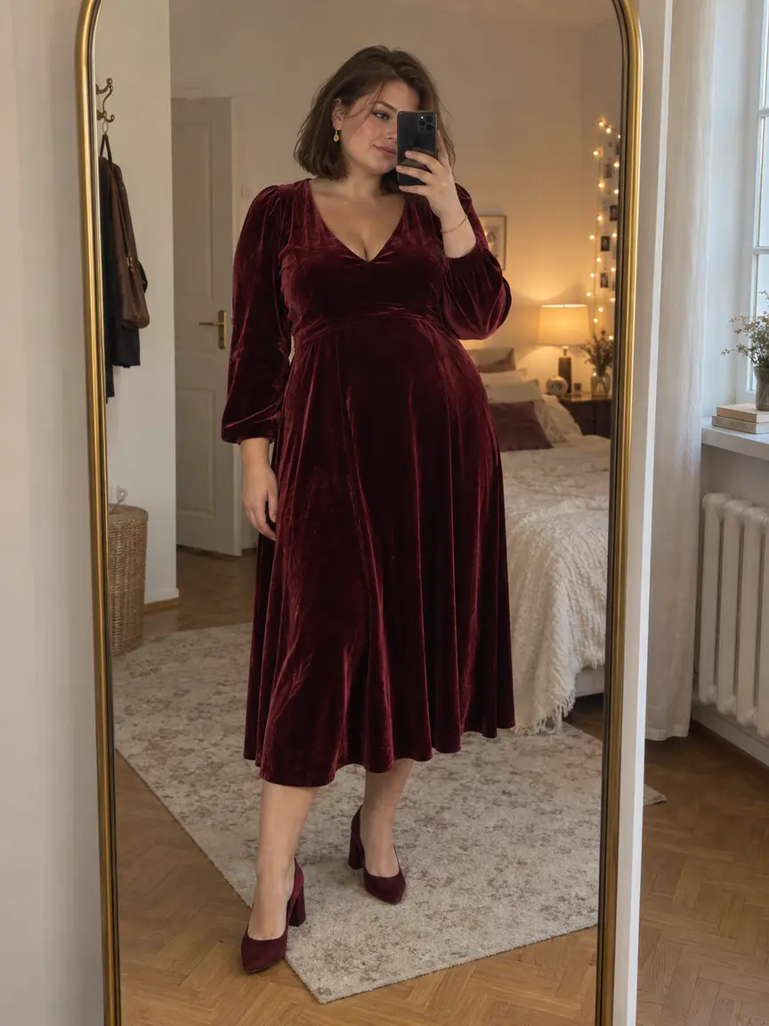 Шатенка plus-size в вишнёвом бархатном платье миди с длинным рукавом у зеркала в спальне