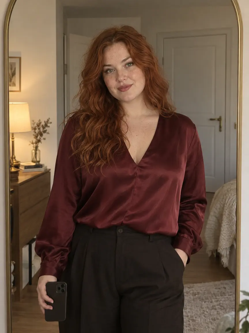 Рыжая девушка plus-size с веснушками в вишнёвой атласной блузе, портрет по пояс у зеркала