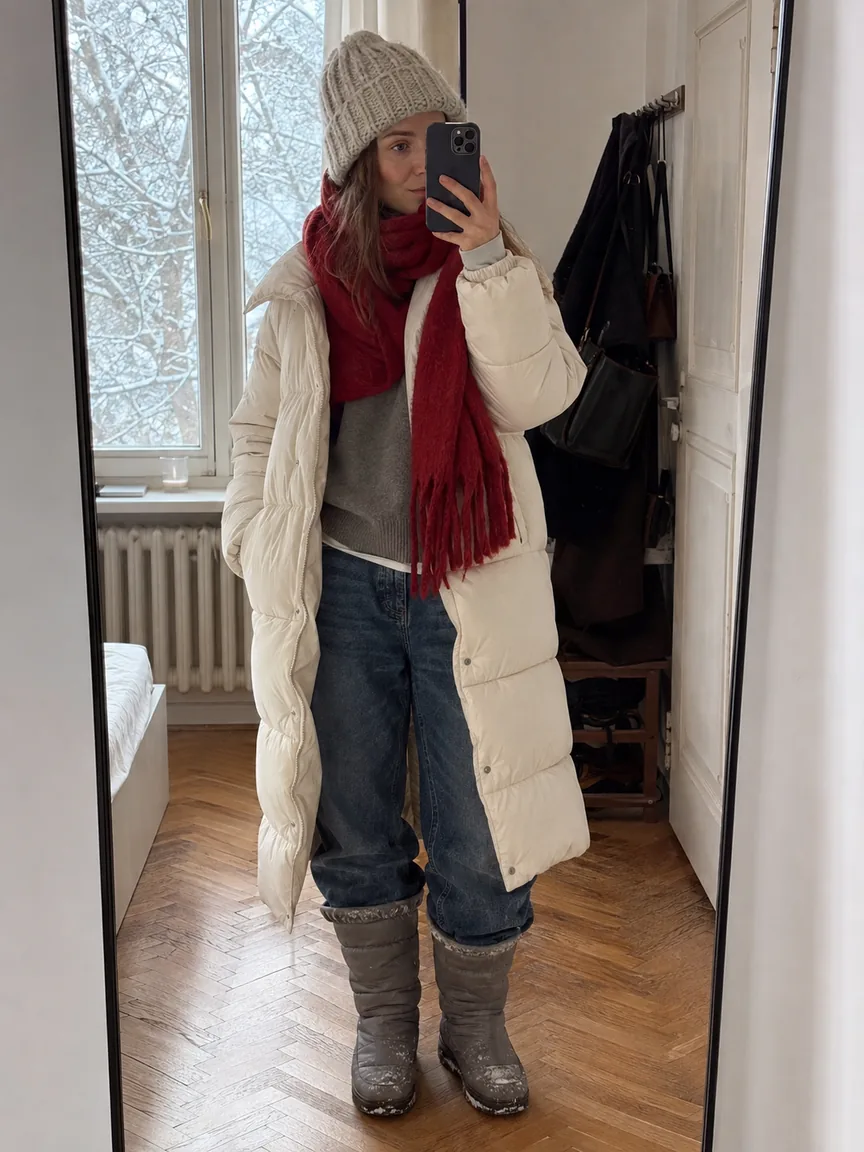 Зеркальное селфи в молочном пуховике до середины икры, шерстяном джемпере, джинсах, серых дутиках и красном шарфе