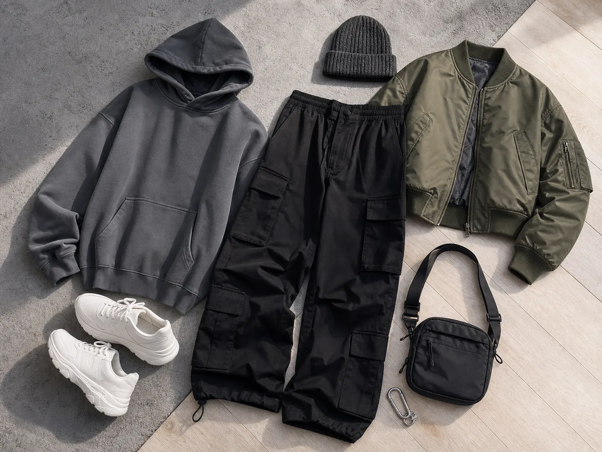 Чистый streetwear без логотипов: серое худи, широкие чёрные cargo-брюки, белые кроссовки, оливковый бомбер, бини и сумка