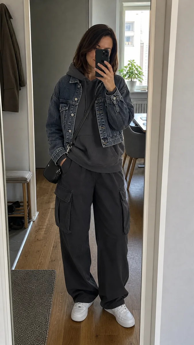 Streetwear стиль женский: зеркальное селфи в графитовом худи, карго-брюках, джинсовой куртке и белых кроссовках.